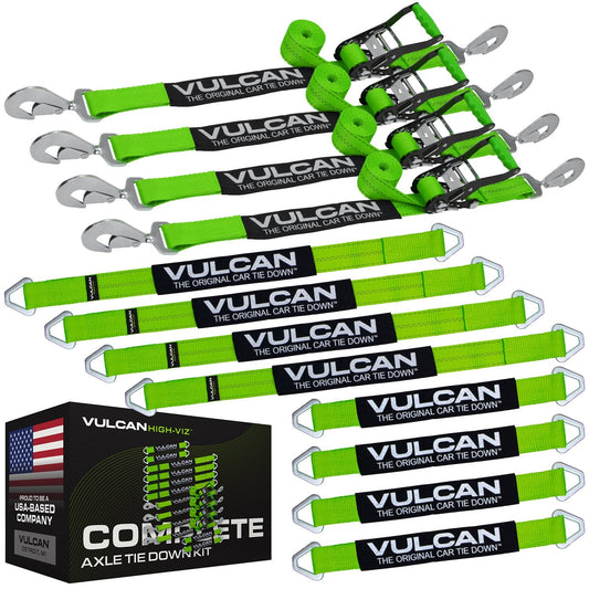 VULCAN Complete Axle Strap Tie Down Kit with Snap Hook Ratchet Straps - Heavy Duty High-Viz Green Reflective Webbing - Includes (4) 22 And (4) 36 Inch Axle Tie Downs, And (4) 8' Snap Hook Straps