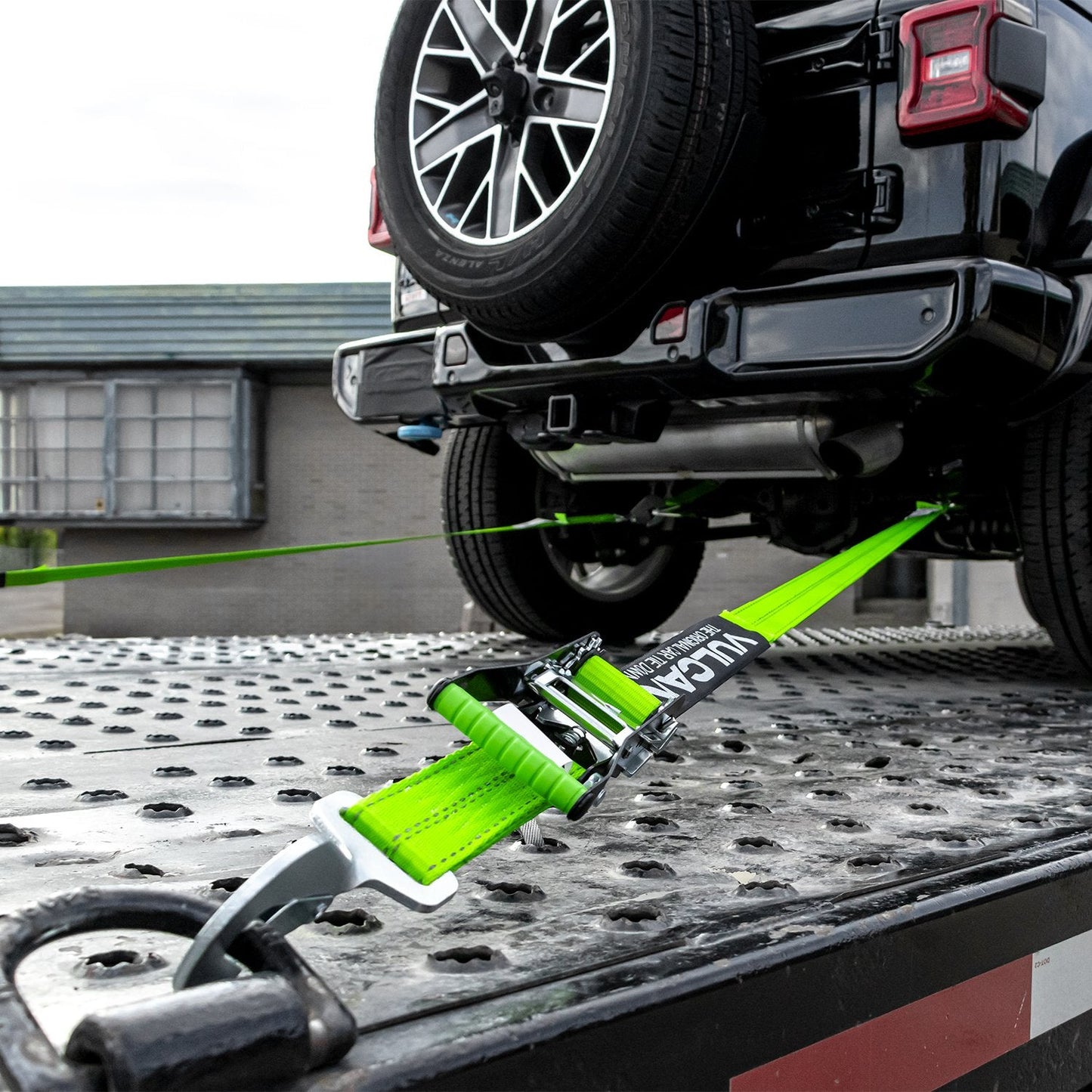 VULCAN Complete Axle Strap Tie Down Kit with Snap Hook Ratchet Straps - Heavy Duty High-Viz Green Reflective Webbing - Includes (4) 22 And (4) 36 Inch Axle Tie Downs, And (4) 8' Snap Hook Straps