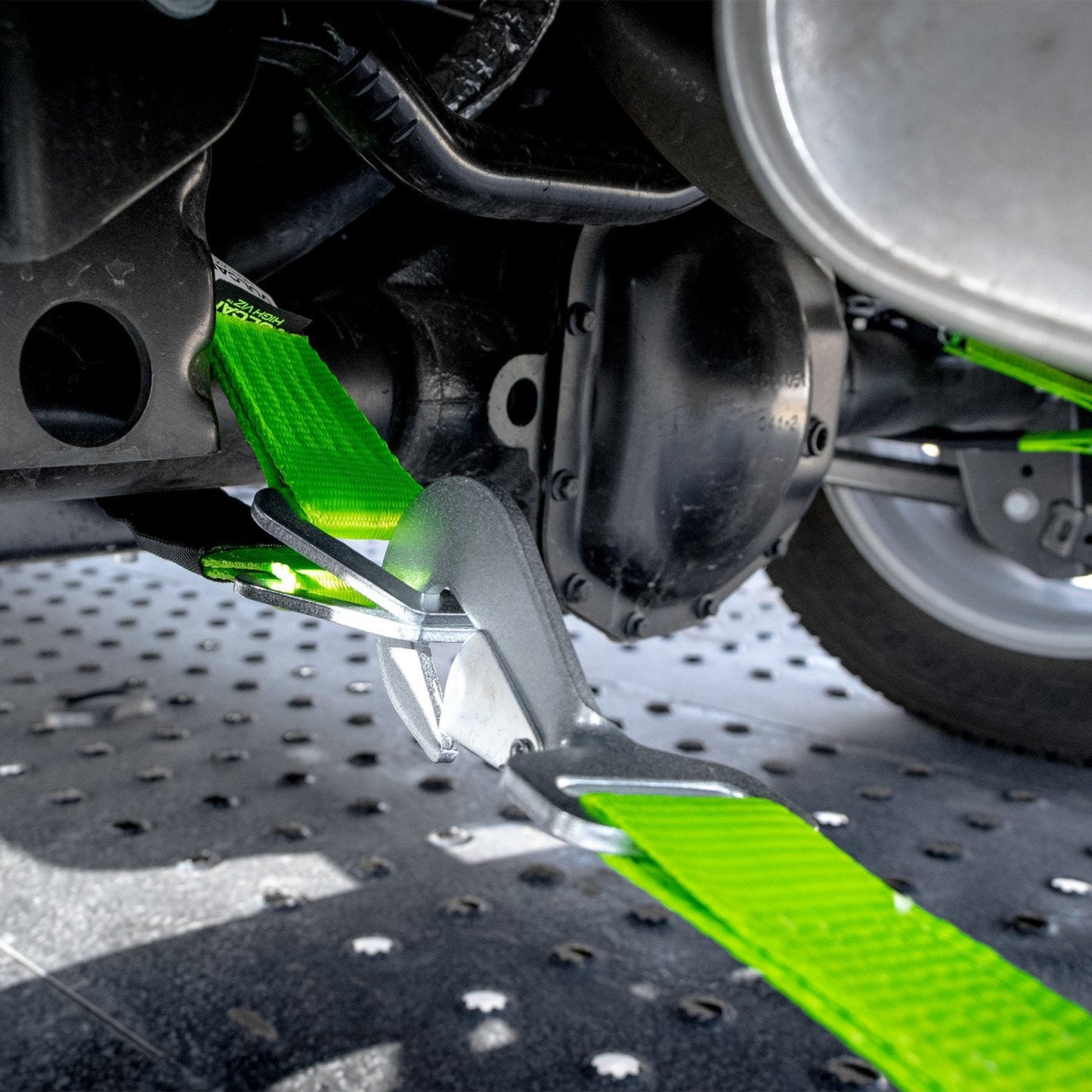 VULCAN Complete Axle Strap Tie Down Kit with Snap Hook Ratchet Straps - Heavy Duty High-Viz Green Reflective Webbing - Includes (4) 22 And (4) 36 Inch Axle Tie Downs, And (4) 8' Snap Hook Straps