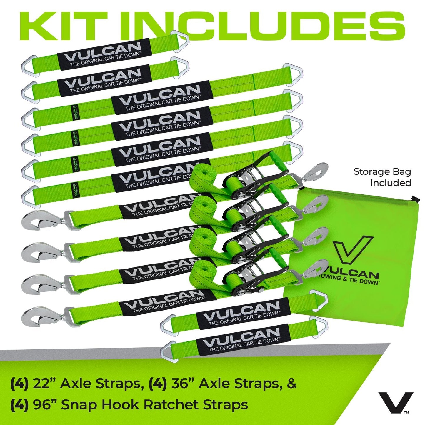 VULCAN Complete Axle Strap Tie Down Kit with Snap Hook Ratchet Straps - Heavy Duty High-Viz Green Reflective Webbing - Includes (4) 22 And (4) 36 Inch Axle Tie Downs, And (4) 8' Snap Hook Straps