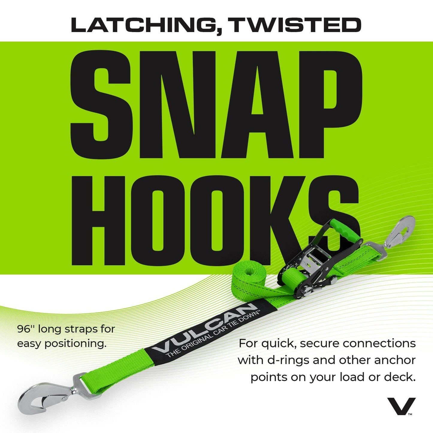 VULCAN Complete Axle Strap Tie Down Kit with Snap Hook Ratchet Straps - Heavy Duty High-Viz Green Reflective Webbing - Includes (4) 22 And (4) 36 Inch Axle Tie Downs, And (4) 8' Snap Hook Straps