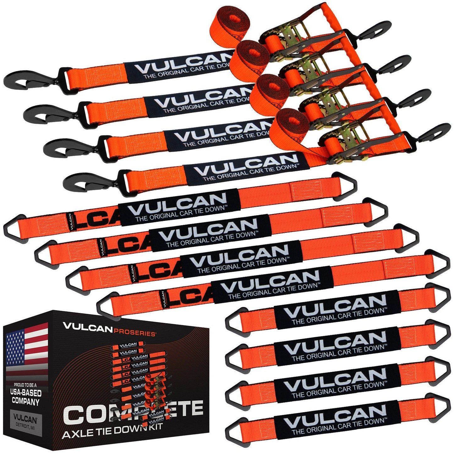 VULCAN Complete Axle Strap Tie Down Kit with Snap Hook Ratchet Straps - Heavy Duty Optic Orange ProSeries Webbing - Includes (4) 22 And (4) 36 Inch Axle Tie Downs, And (4) 8' Snap Hook Straps