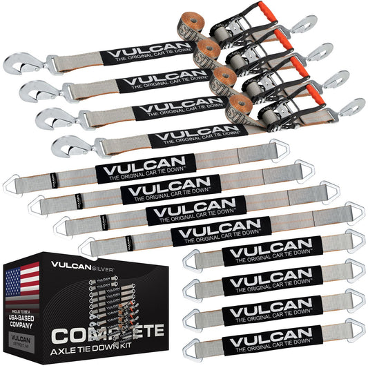 VULCAN Complete Axle Strap Tie Down Kit with Snap Hook Ratchet Straps - Silver Series Webbing - Includes (4) 22 And (4) 36 Inch Axle Tie Downs, And (4) 8' Snap Hook Straps