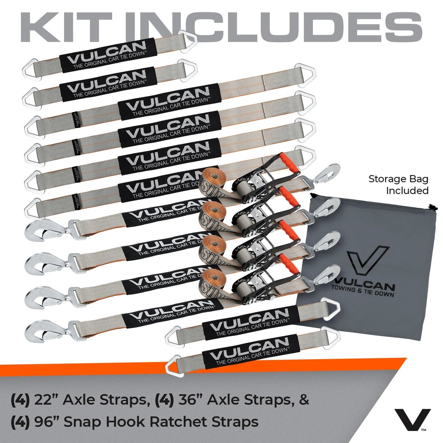 VULCAN Complete Axle Strap Tie Down Kit with Snap Hook Ratchet Straps - Silver Series Webbing - Includes (4) 22 And (4) 36 Inch Axle Tie Downs, And (4) 8' Snap Hook Straps