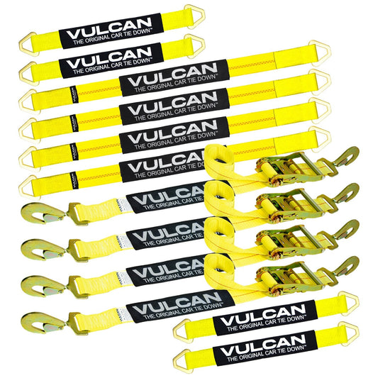 VULCAN Complete Axle Strap Tie Down Kit with Snap Hook Ratchet Straps - Classic Yellow Webbing - Includes (4) 22 And (4) 36 Inch Axle Tie Downs, And (4) 8' Snap Hook Straps