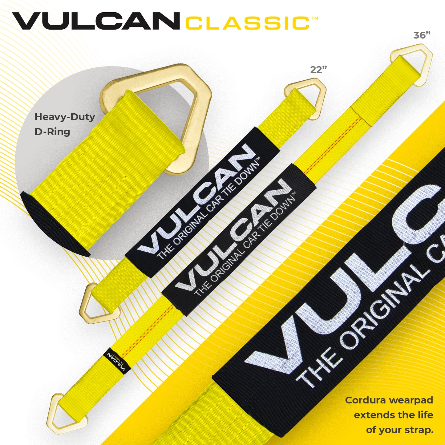 VULCAN Complete Axle Strap Tie Down Kit with Snap Hook Ratchet Straps - Classic Yellow - Includes (4) 22 Inch Axle Straps, (4) 36 Inch Axle Straps, and (4) 8' Snap Hook Ratchet Straps