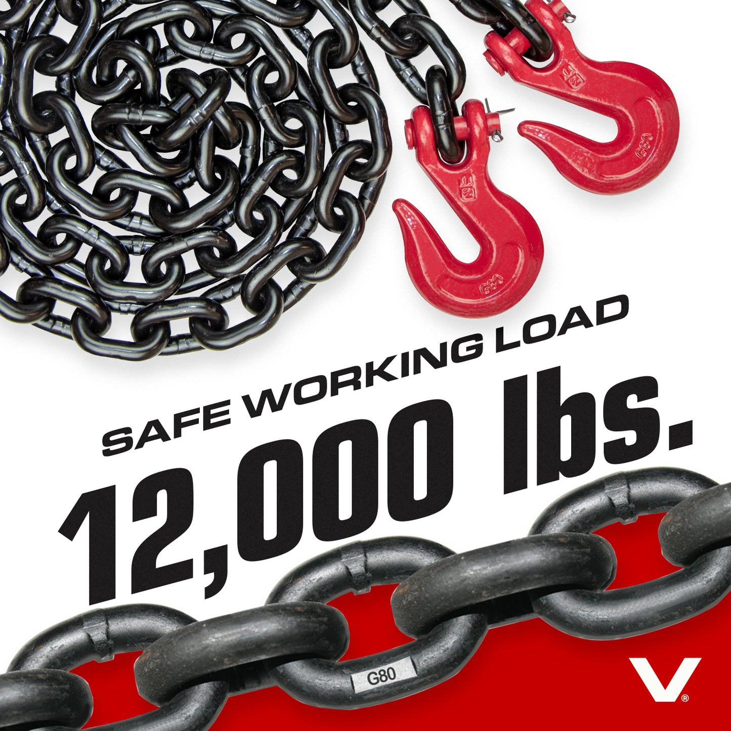 VULCAN Binder/Safety Chain Tie Down with Grab Hooks - Grade 80 - 1/2 Inch x 10 Foot - 12,000 Pound Safe Working Load