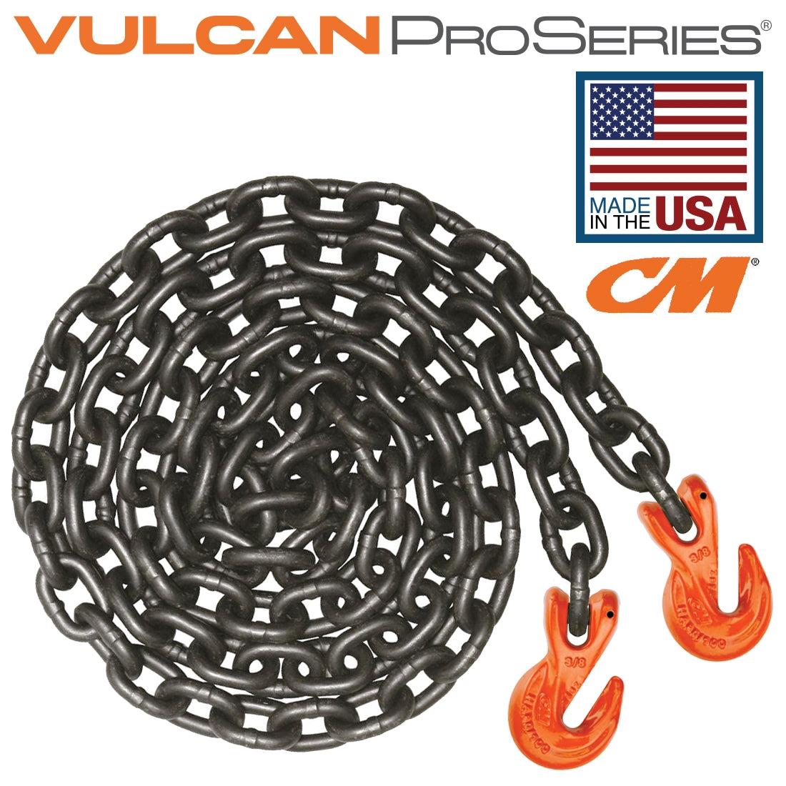 VULCAN Binder/Safety Chain Tie Down with Grab Hooks - Grade 100 - 3/8 Inch x 10 Foot - PROSeries - 8,800 Pound Safe Working Load