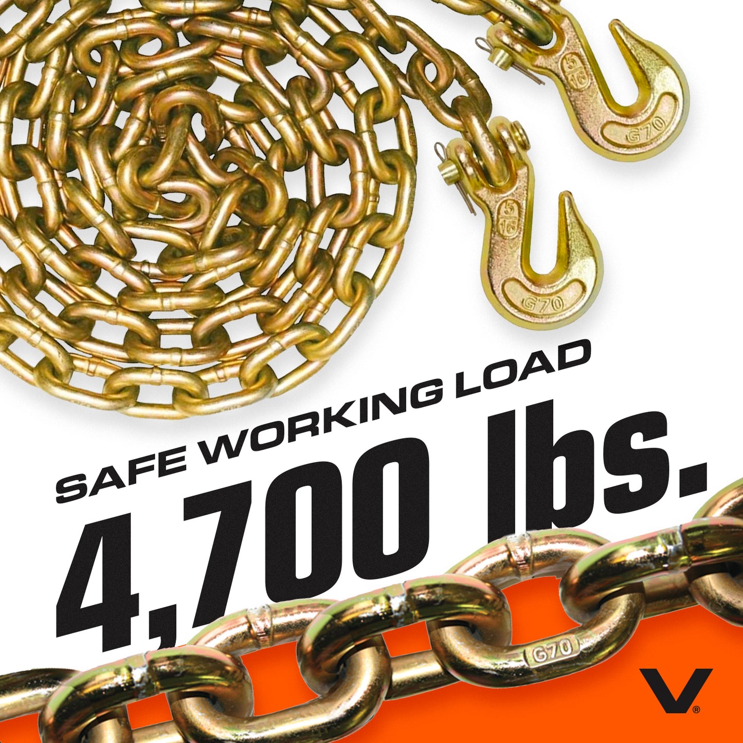 VULCAN Binder Chain with Clevis Grab Hooks - Grade 70 - 5/16 Inch x 16 Foot - 4,700 Pound Safe Working Load