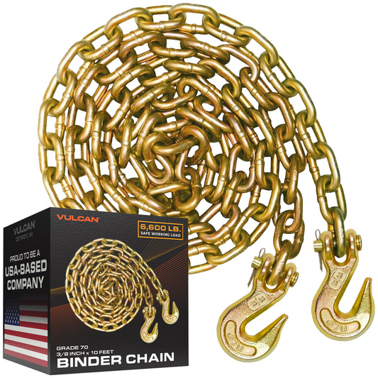 VULCAN Safety/Binder Chain with Clevis Grab Hooks - Grade 70 - 3/8 Inch x 10 Foot - 6,600 Pound Safe Working Load