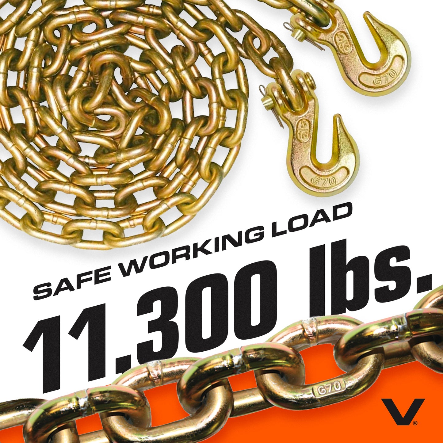 VULCAN Safety/Binder Chain with Clevis Grab Hooks - Grade 70 - 1/2 Inch x 10 Foot - 11,300 Pound Safe Working Load