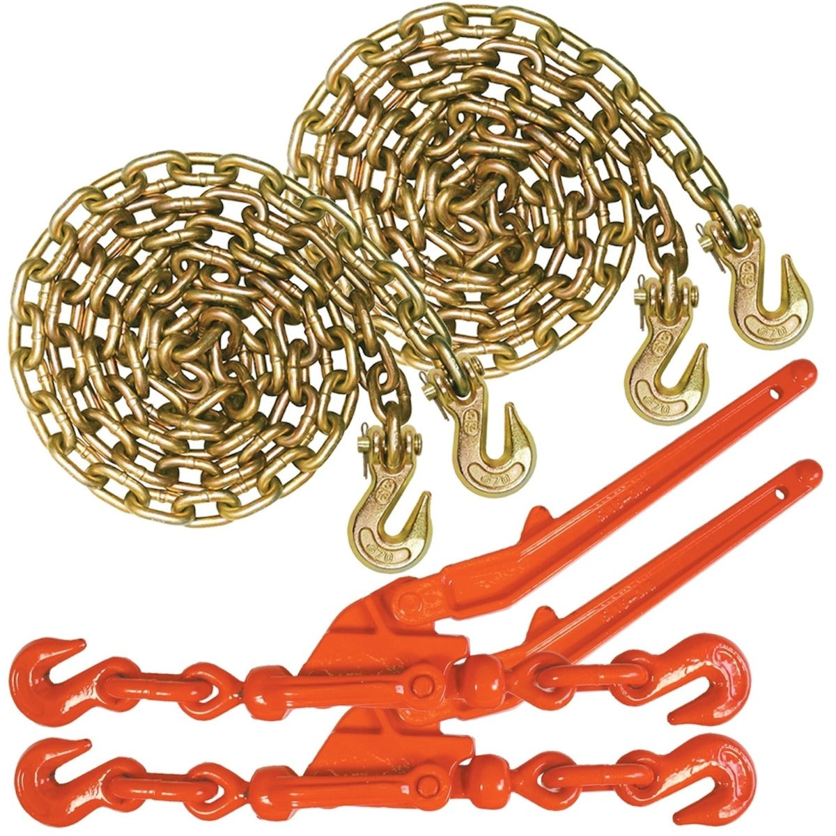 VULCAN Chain and Load Binder Kit - (2) Grade 70  5/16 Inch x 10 Foot Chains and (2) Lever Style Load Binders - 4,700 Pound Safe Working Load