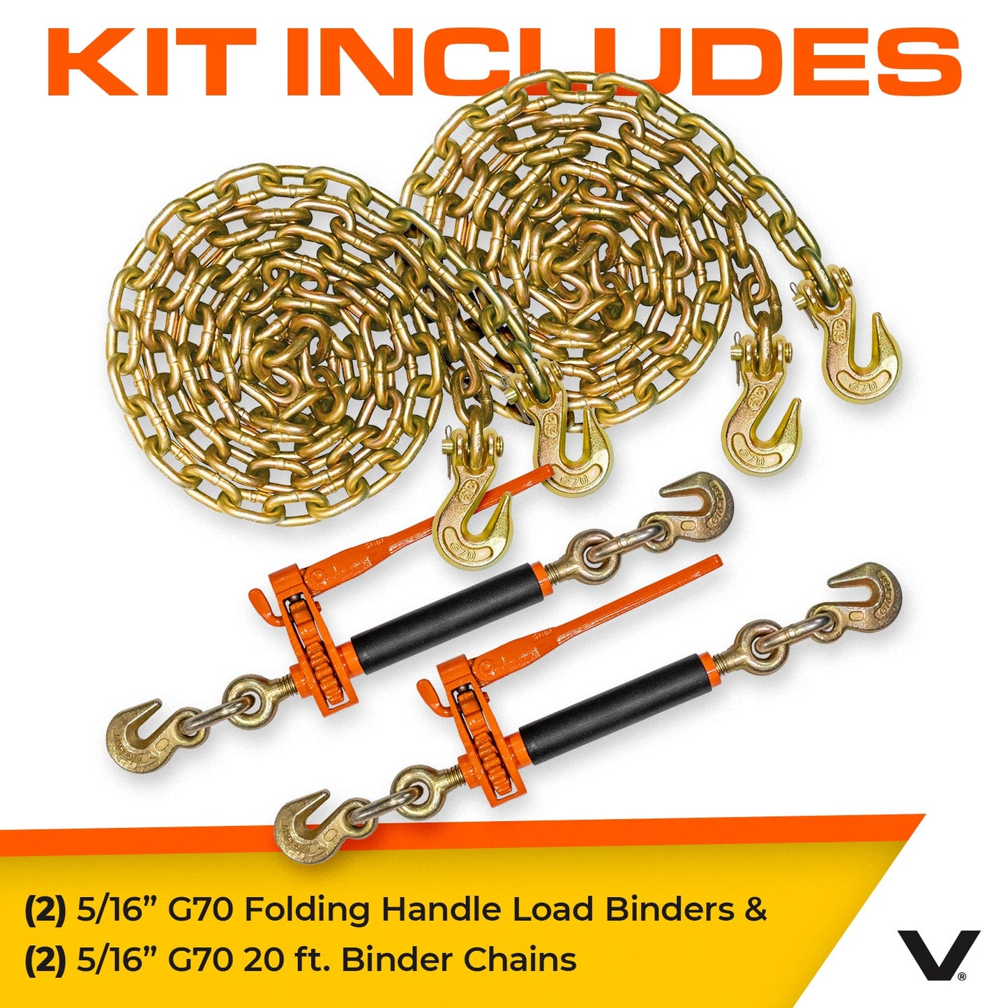 VULCAN Chain and Load Binder Kit - (2) Grade 70 5/16 Inch x 20 Foot Chains And (2) Folding Handle Load Binders - 4,700 Pound Safe Working Load