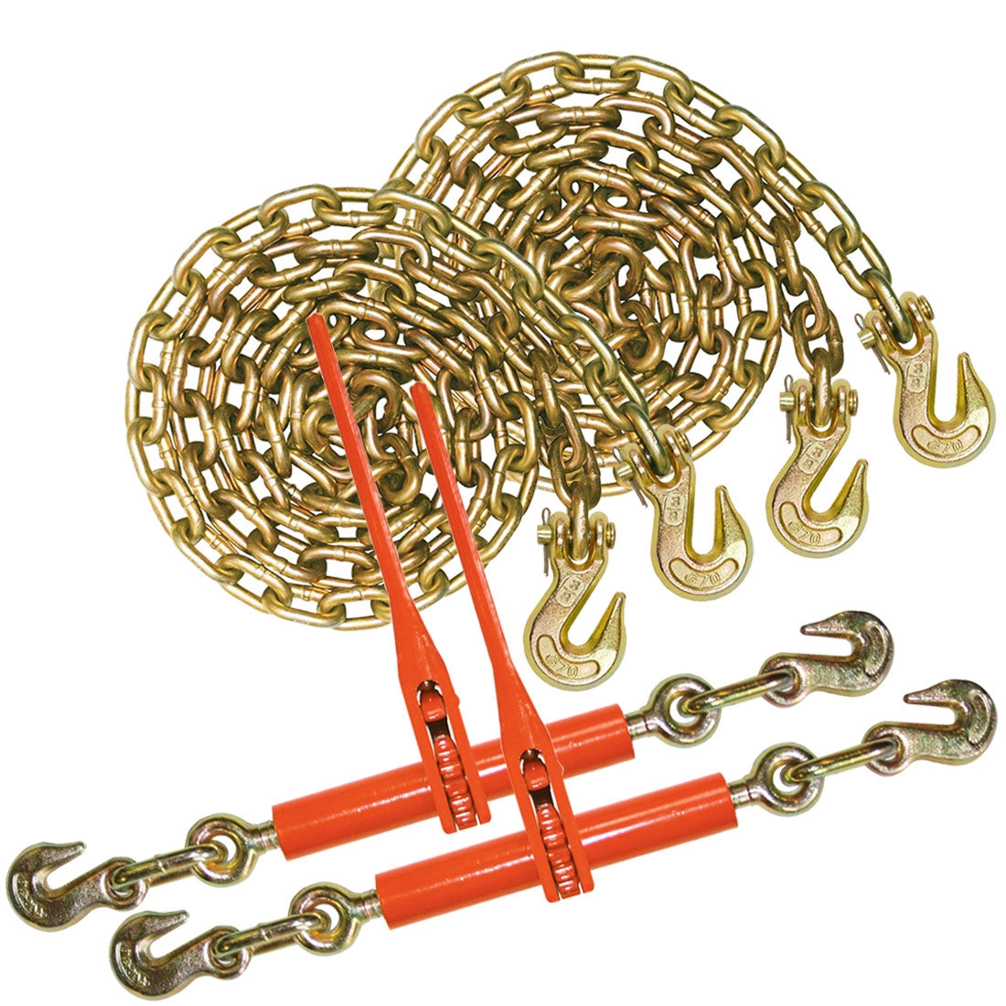 VULCAN Chain and Load Binder Kit - (2) Grade 70 3/8 Inch x 20 Foot Chains And (2) Ratchet Load Binders - 4,700 Pound Safe Working Load