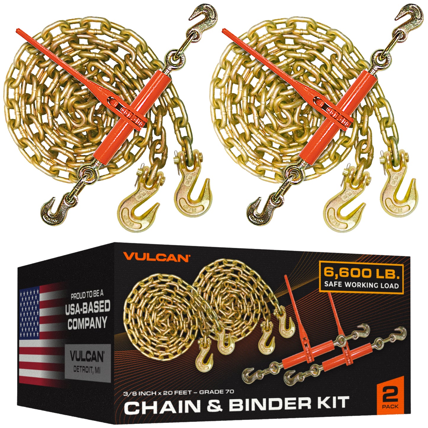 VULCAN Chain and Load Binder Kit - (2) Grade 70 3/8 Inch x 20 Foot Chains And (2) Ratchet Load Binders - 4,700 Pound Safe Working Load