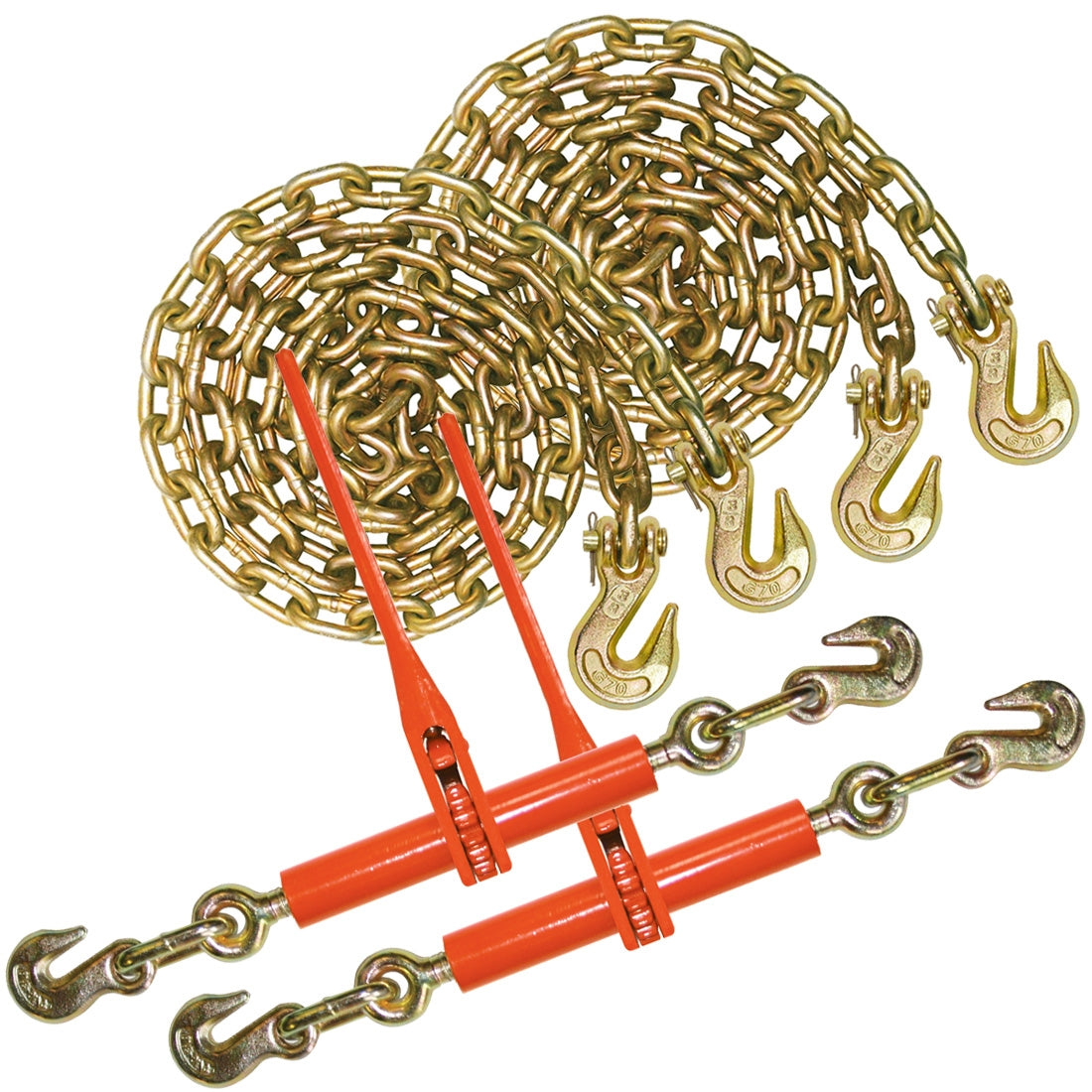 VULCAN Chain and Load Binder Kit - (2) Grade 70 3/8 Inch x 10 Foot Chains And (2) Ratchet Load Binders - 4,700 Pound Safe Working Load