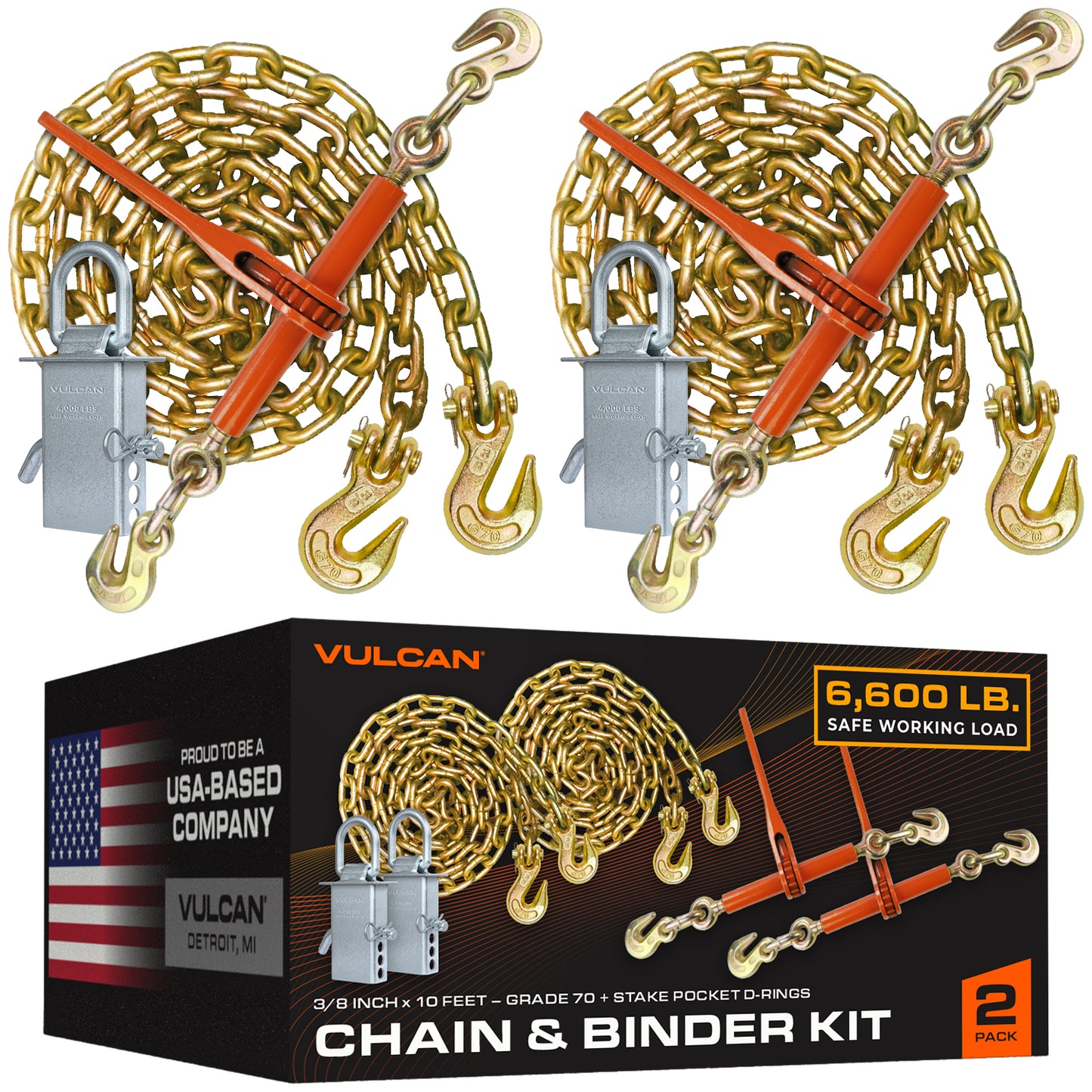 VULCAN Chain, Load Binder, and D Ring Kit - (2) Grade 70 3/8”x10” Chains, (2) Ratchet Load Binders, (2) D Rings - 4,700 Pound Safe Working Load