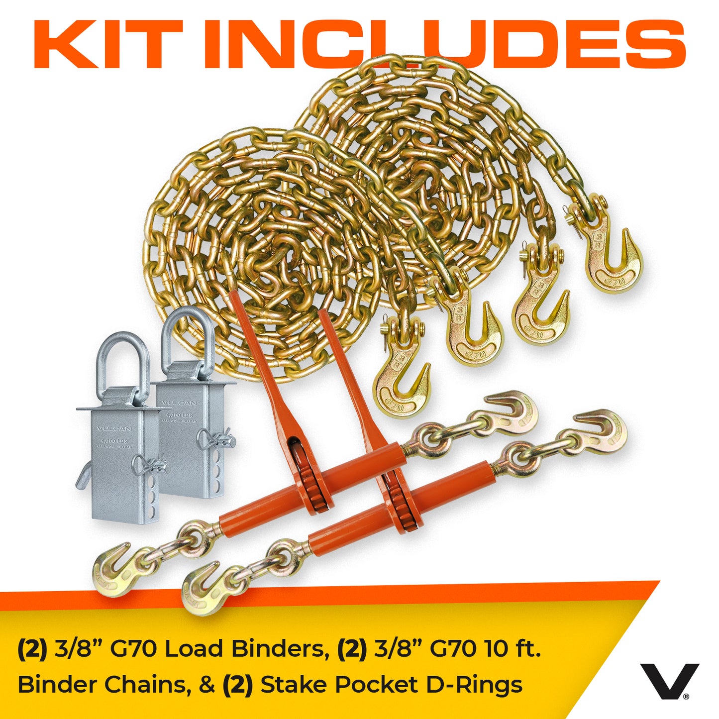 VULCAN Chain, Load Binder, and D Ring Kit - (2) Grade 70 3/8”x10” Chains, (2) Ratchet Load Binders, (2) D Rings - 4,700 Pound Safe Working Load