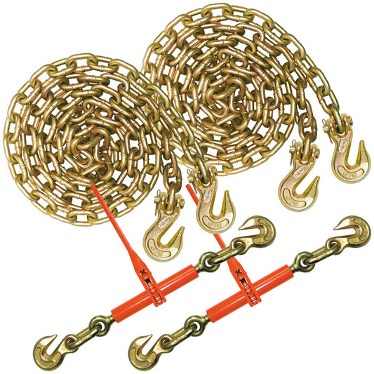 VULCAN Chain and Load Binder Kit - (2) Grade 70 1/2 Inch x 10 Foot Chains And (2) Ratchet Load Binders - 9,200 Pound Safe Working Load