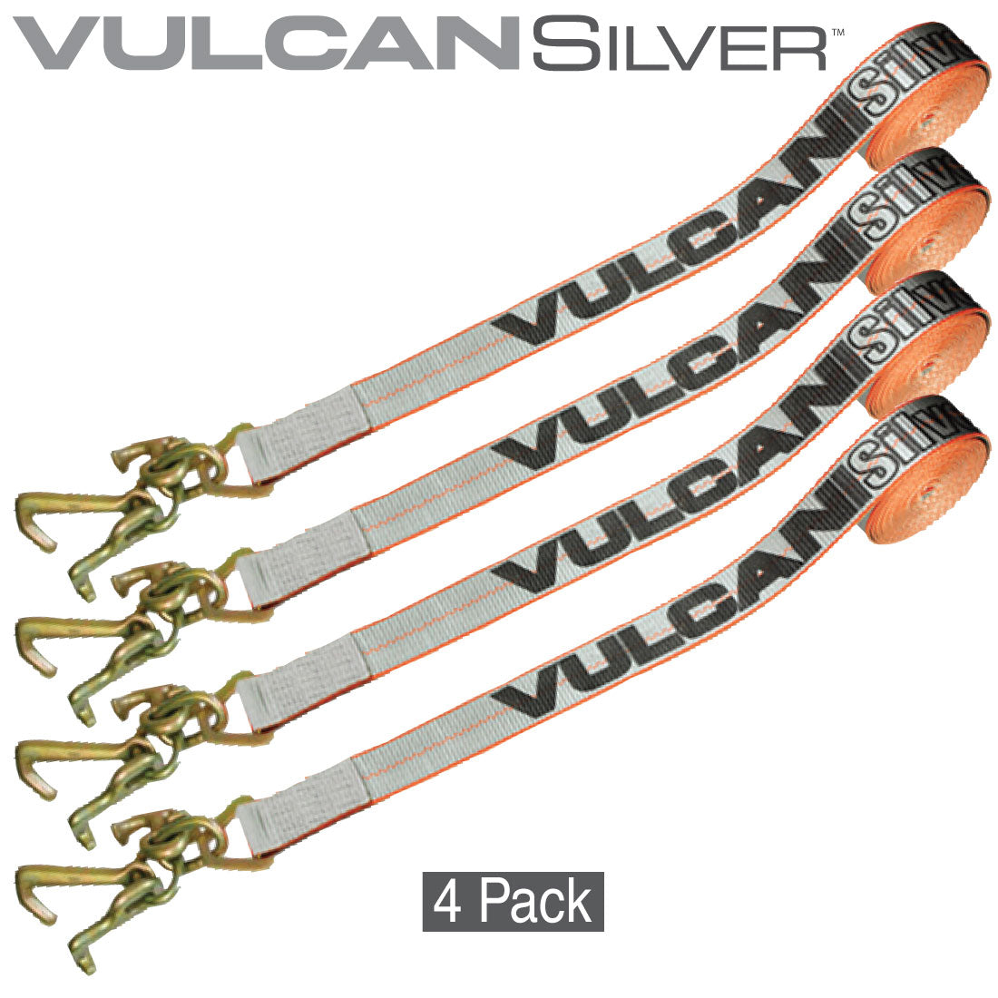 VULCAN Car Tie Down Strap Only - RTJ Hooks - 96 Inch - 4 Pack - Silver Series - 3,300 Pound Safe Working Load