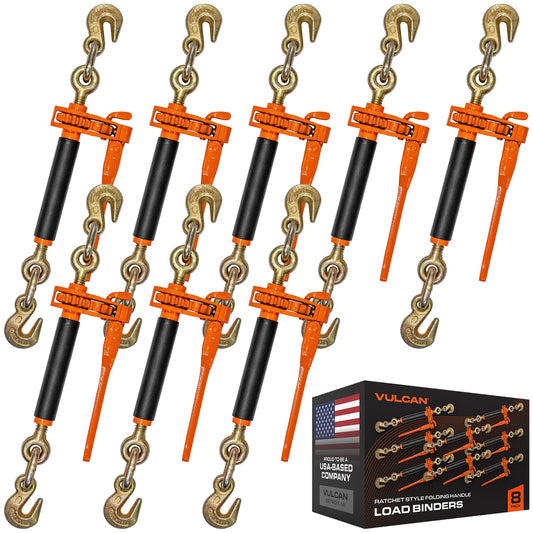 VULCAN Folding Handle Load Binder (Eight Pack) with 2 Grab Hooks - Ratchet Style - 7,100 Pound Safe Working Load (Works with 5/16 Inch or 3/8 Inch Grade 70 and Grade 80 Chain)