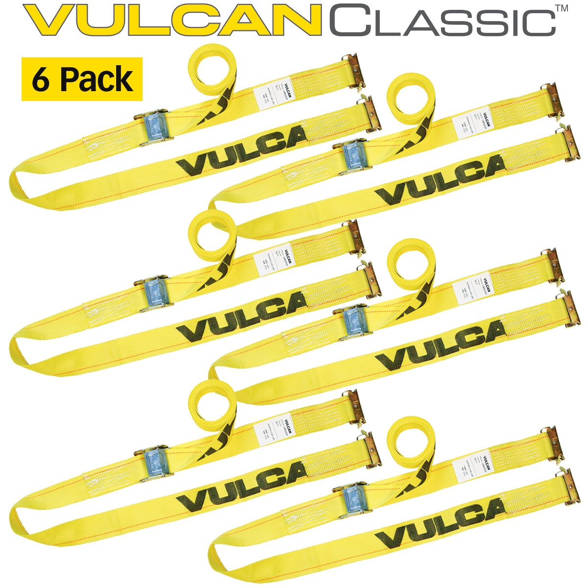 VULCAN Logistic Strap For E Track - Cam Buckle - 12 Foot - 6 Pack - Classic Yellow - 833 Pound Safe Working Load