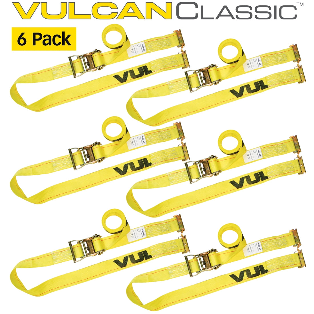 VULCAN Logistic Strap For E Track - Ratchet Style - 12 Foot - 6 Pack - Classic Yellow - 1,333 Pound Safe Working Load