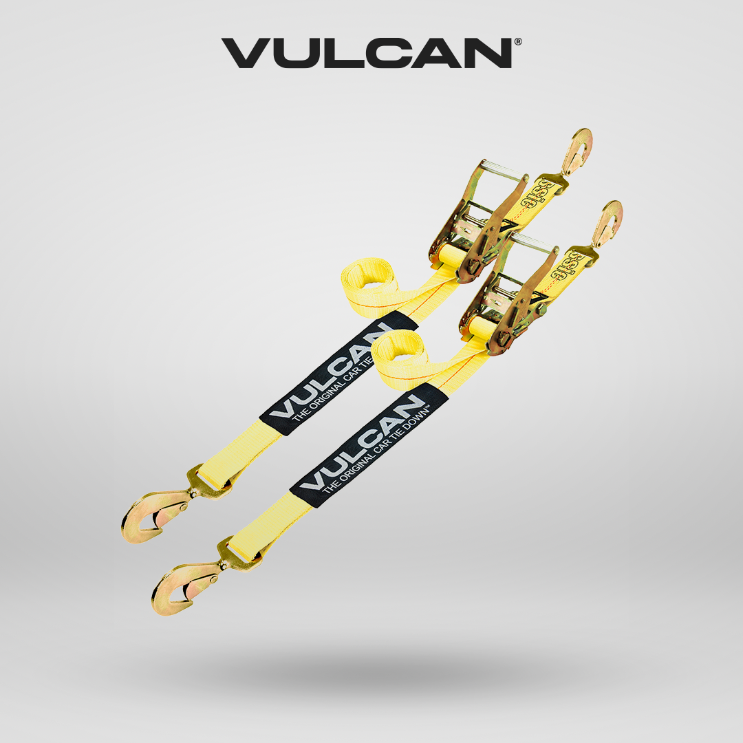 VULCAN Car Tie Down with Twisted Snap Hooks - 2 Inch x 96 Inch - 2 Pack - Classic Yellow - 3,300 Pound Safe Working Load