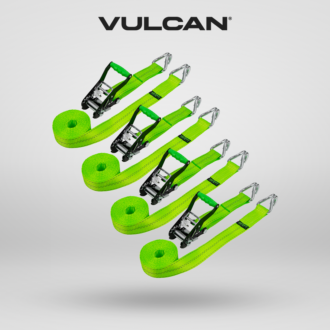 VULCAN Ratchet Strap with Wire Hooks - 2 Inch x 15 Foot - 4 Pack - High-Viz - 3,300 Pound Safe Working Load