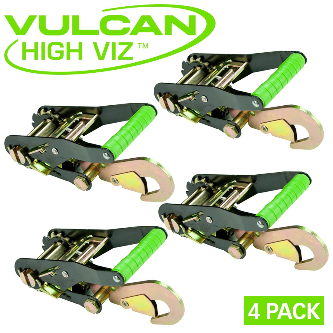 VULCAN Ratchet Buckle - Snap Hook - 2 Inch Wide Handle - High-Viz - 4 Pack - 3,300 Pound Safe Working Load