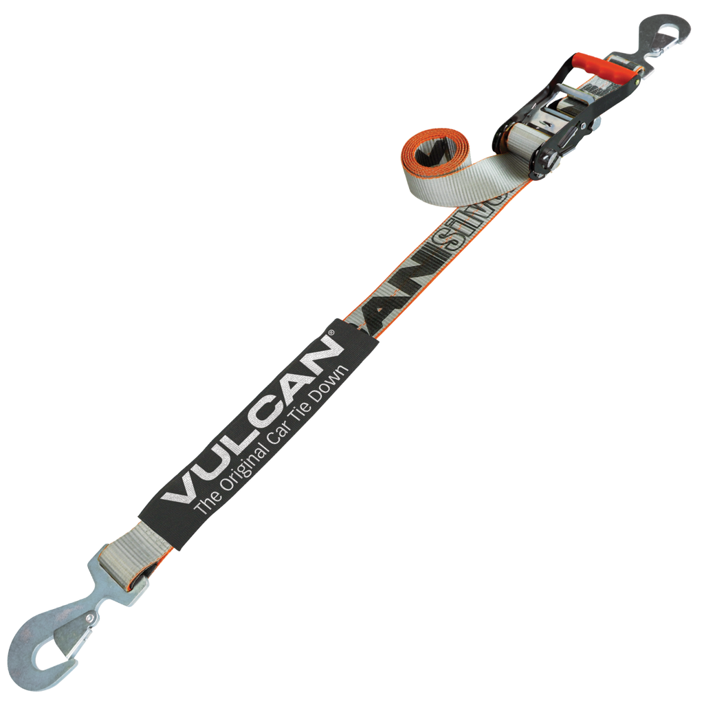 VULCAN Car Tie Down with Flat Snap Ratchet - Snap Hook - 96 Inch - Silver Series - 3,300 Pound Safe Working Load