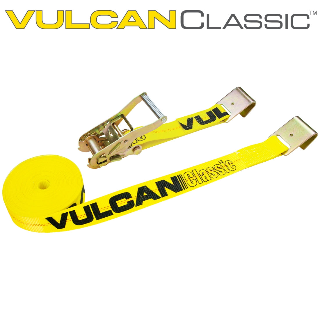 VULCAN Ratchet Strap with Flat Hooks - 2 Inch x 30 Foot - Classic Yellow - 3,300 Pound Safe Working Load