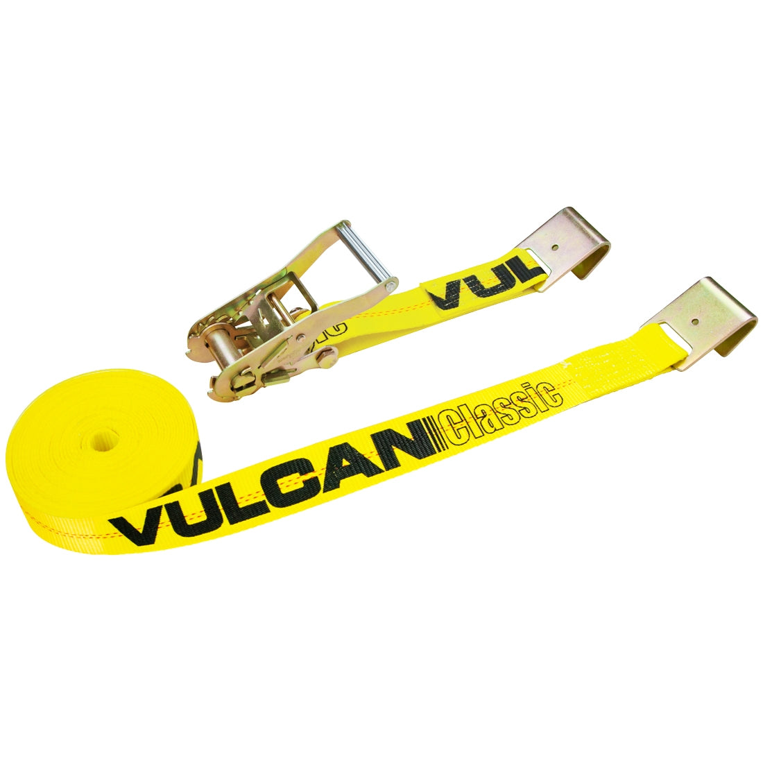 VULCAN Ratchet Strap with Flat Hooks - 2 Inch x 80 Foot - Classic Yellow - 3,300 Pound Safe Working Load