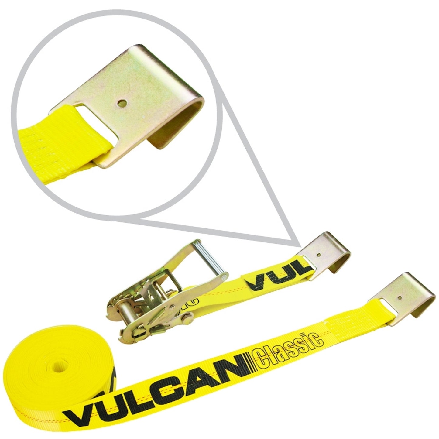 VULCAN Ratchet Strap with Flat Hooks - 2 Inch x 27 Foot - Classic Yellow - 3,300 Pound Safe Working Load