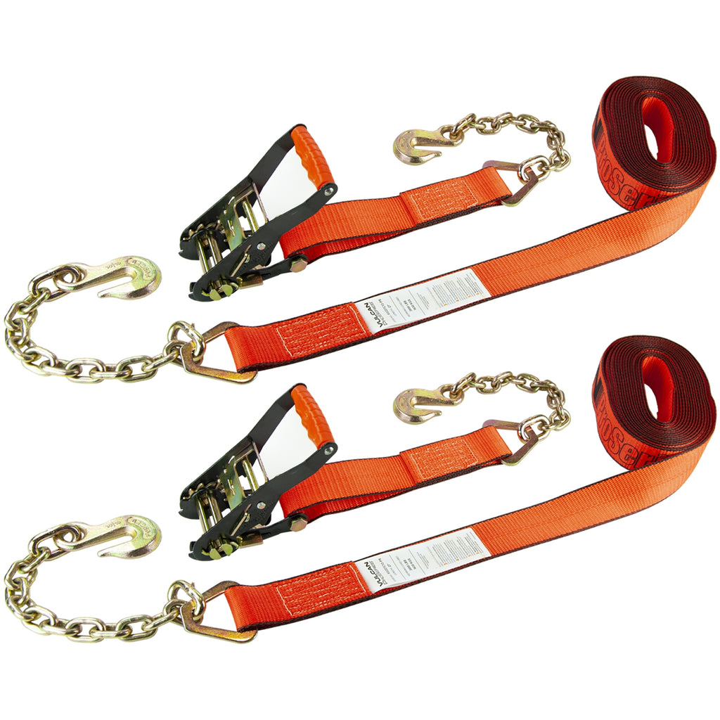 VULCAN Ratchet Strap with Chain Anchors - 2 Inch x 27 Foot - 2 Pack - PROSeries - 3,600 Pound Safe Working Load