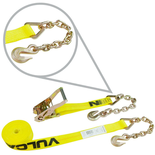 VULCAN Ratchet Strap with Chain Anchors - Classic Yellow - 2 Inch x 27 Foot - 3,600 Pound Safe Working Load