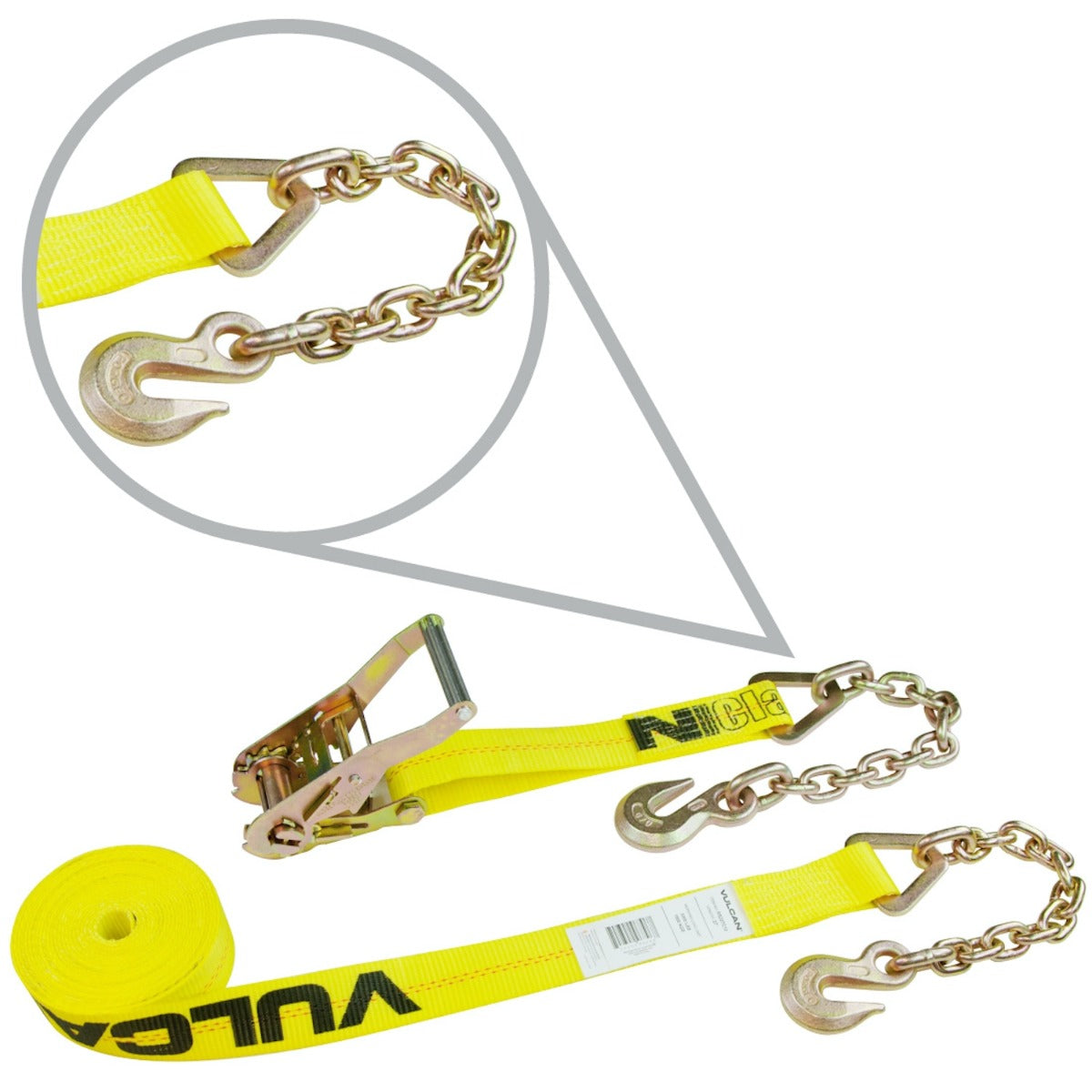 VULCAN Ratchet Strap with Chain Anchors - Classic Yellow - 2 Inch x 27 Foot - Case of 5 - 3,600 Pound Safe Working Load