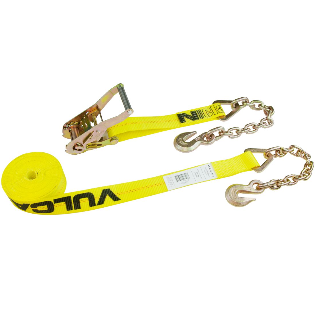 VULCAN Ratchet Strap with Chain Anchors - Classic Yellow - 2 Inch x 27 Foot - Case of 3 - 3,600 Pound Safe Working Load