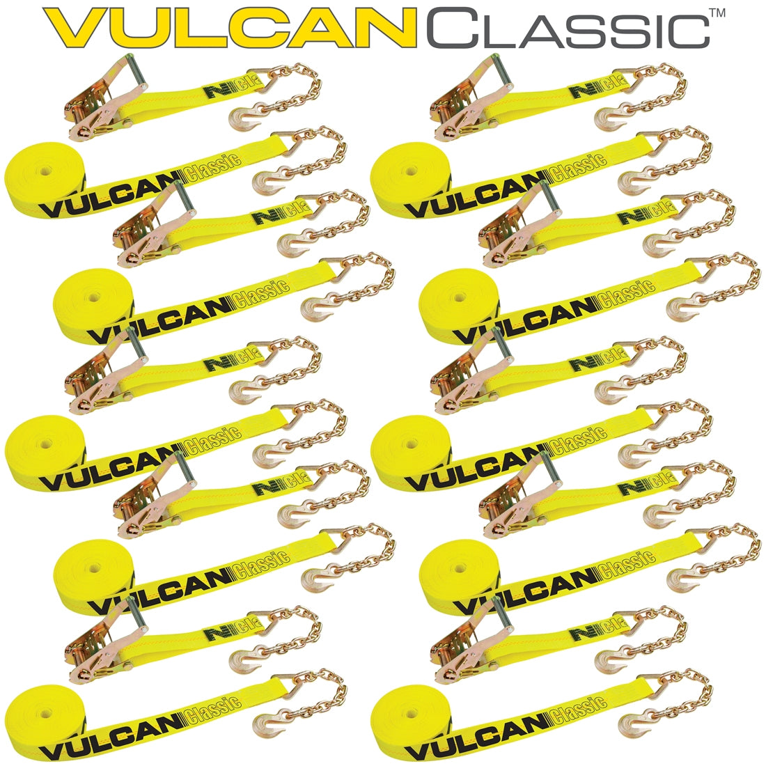 VULCAN Ratchet Strap with Chain Anchors - 2 Inch x 27 Foot, 10 Pack - Classic Yellow - 3,600 Pound Safe Working Load