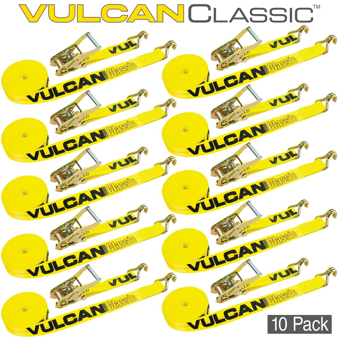 VULCAN Ratchet Strap with Wire Hooks 2 Inch x 30 Foot, 10 Pack - Classic Yellow - 3,300 Pound Safe Working Load