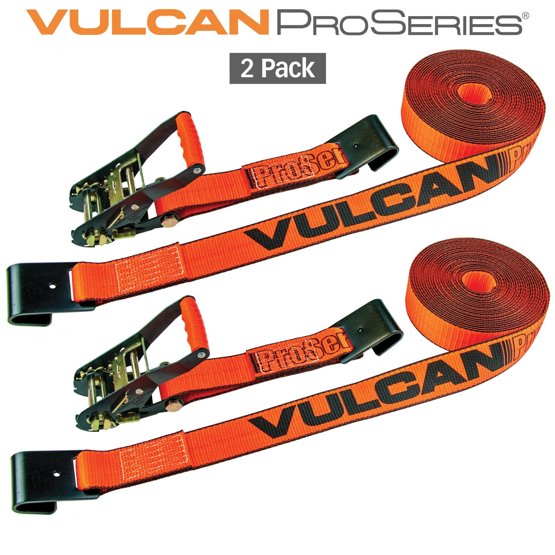 VULCAN Ratchet Strap with Flat Hooks - 2 Inch x 30 Foot - 2 Pack - PROSeries - 3,300 Pound Safe Working Load