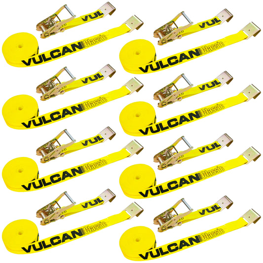 VULCAN Ratchet Strap with Flat Hooks - 2 Inch x 27 Foot - 8 Pack - Classic Yellow - 3,300 Pound Safe Working Load