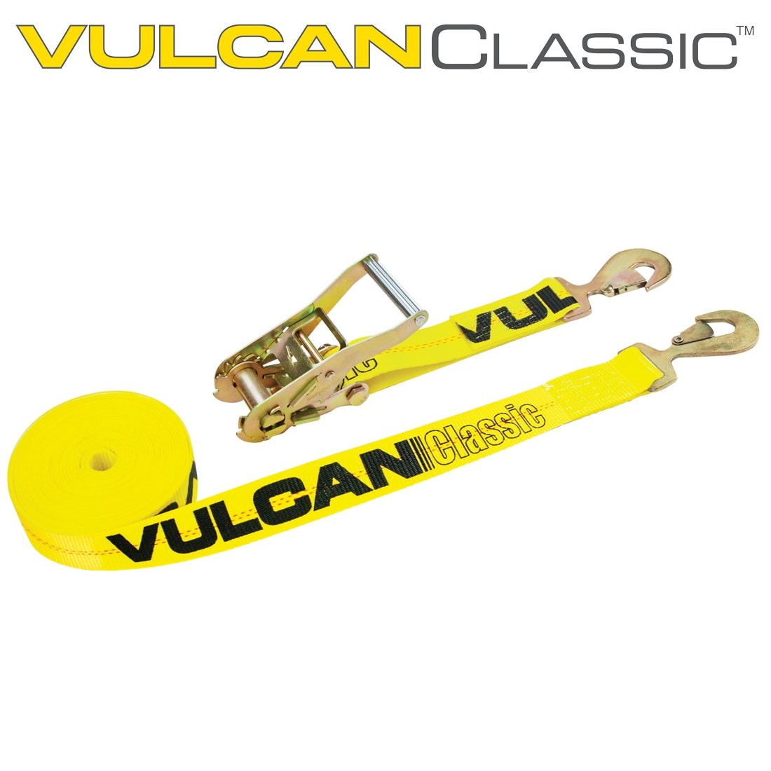 VULCAN Ratchet Strap with Snap Hooks - 2 Inch x 27 Foot - Classic Yellow - 3,300 Pound Safe Working Load