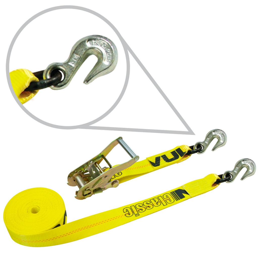 VULCAN Ratchet Strap with Chain Grab Hooks - 2 Inch x 27 Foot - 3,300 Pound Safe Working Load