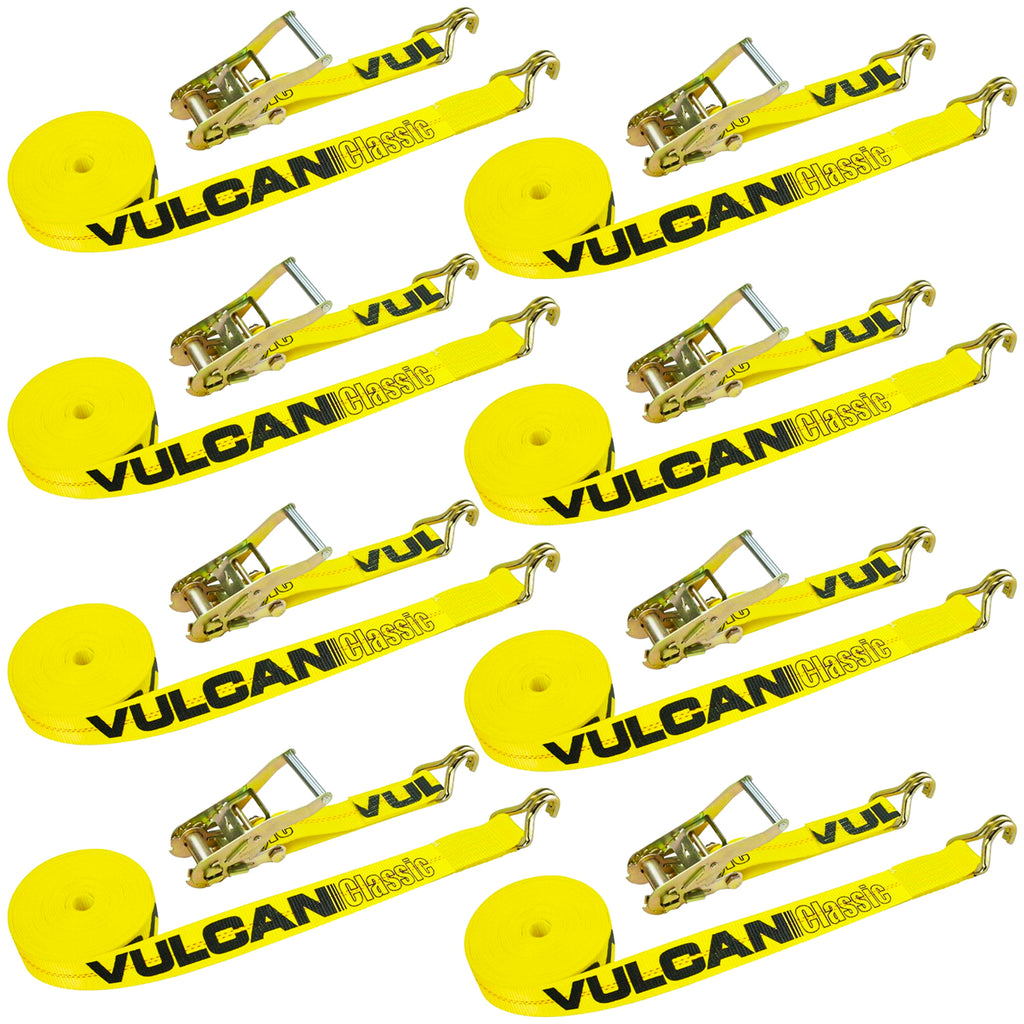 VULCAN Ratchet Strap with Wire Hooks 2 Inch x 30 Foot - 8 Pack - Classic Yellow - 3,300 Pound Safe Working Load