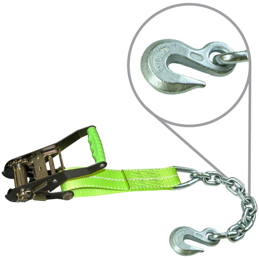 VULCAN 2 Inch Wide Handle Ratchet Buckle with Webbing and Chain Anchor - High-Viz - 3,600 Pound Safe Working Load