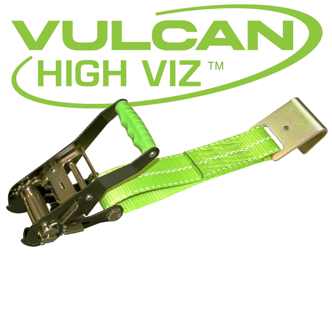 VULCAN 2 Inch Wide Handle Ratchet Buckle with Webbing and Flat Hook - High-Viz - 3,300 Pound Safe Working Load