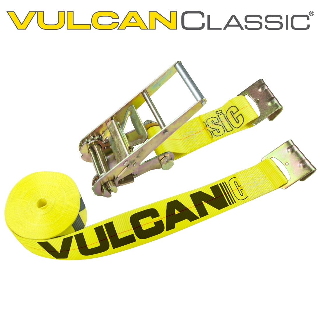 VULCAN Ratchet Strap with Flat Hooks - 3 Inch x 27 Foot - Classic Yellow - 5,000 Pound Safe Working Load