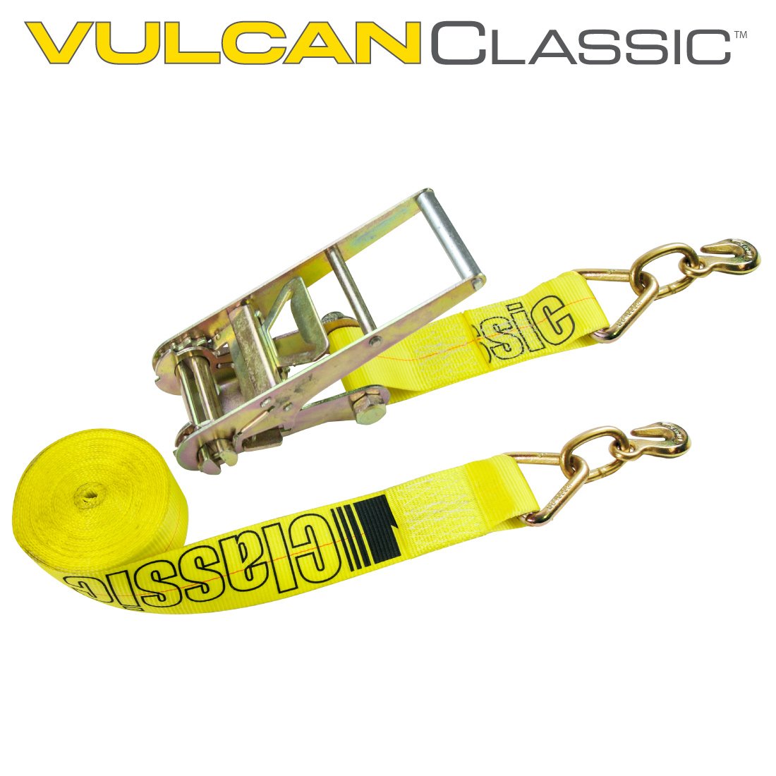 VULCAN Ratchet Strap with Grab Hooks - 3 Inch x 30 Foot - Classic Yellow - 5,000 Pound Safe Working Load