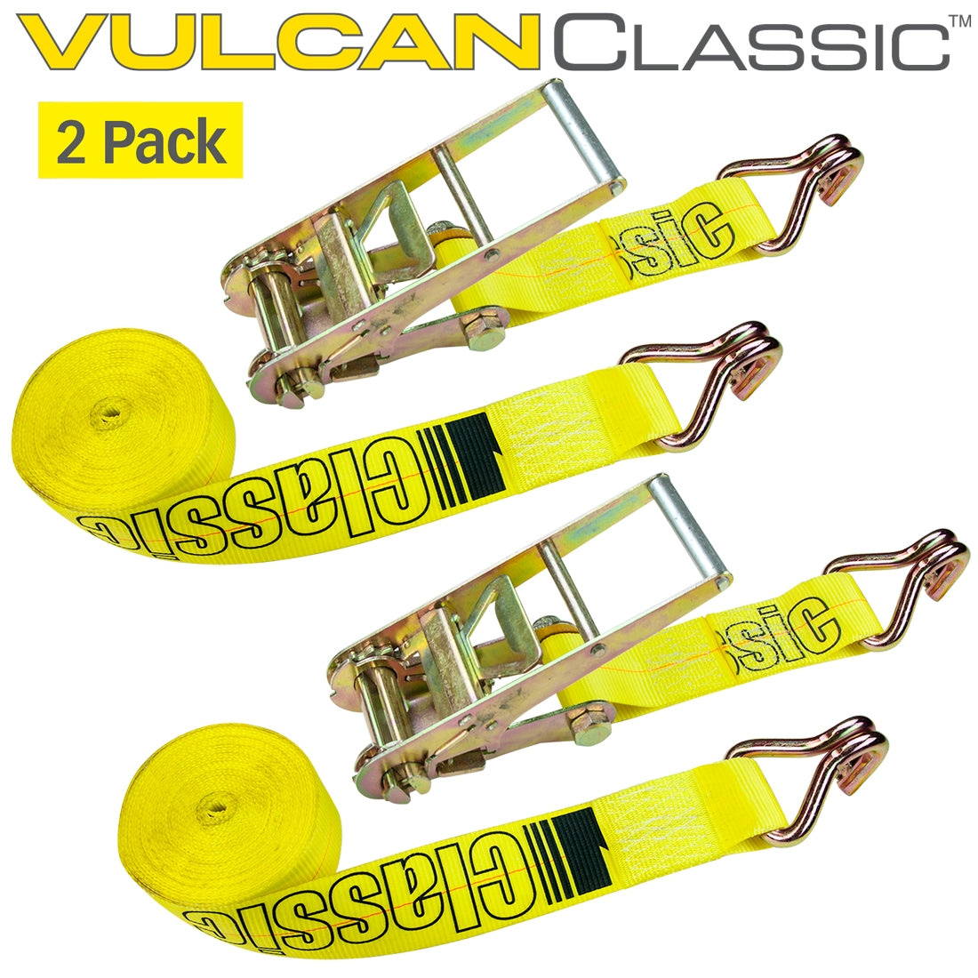 VULCAN Ratchet Strap with Wire Hooks - 3 Inch x 27 Foot - 2 Pack - Classic Yellow - 5,000 Pound Safe Working Load